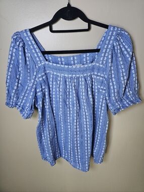 Philosophy Blue White Floral Square Neck Puff Sleeve Dainty Spring Blouse Large